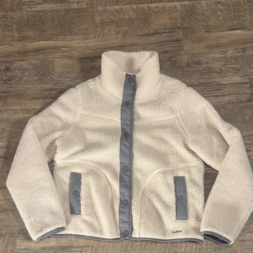 L.L. Bean Women's Cream Teddy Jacket with Gray Detail -Size S